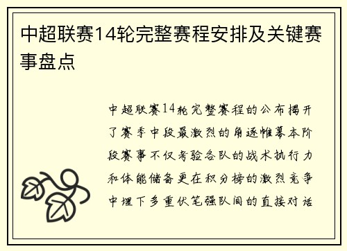中超联赛14轮完整赛程安排及关键赛事盘点